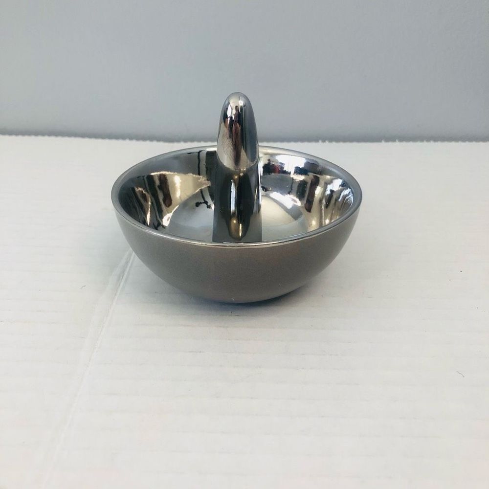 West Emory Ring Holder Ceramic Dish Matte Gray & Metallic Silver 3" x 3.5"